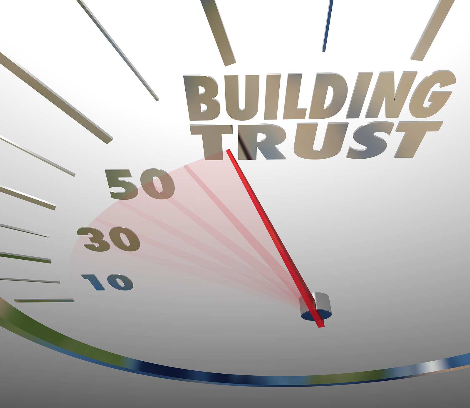 Building Trust words on a speedometer to illustrate a brand company working to establish a reputation and earning customer loyalty and repeat business