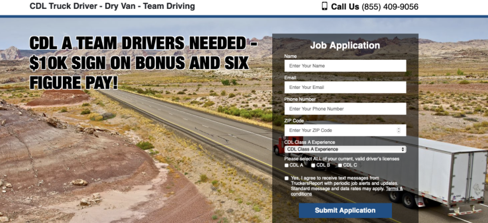 Truck driver recruiting advertisement showing off its sign on bonus